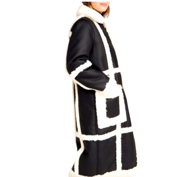 New Rebecca Minkoff Womens Long Vegan Black Cream Shearling Coat - Picture 4 of 13